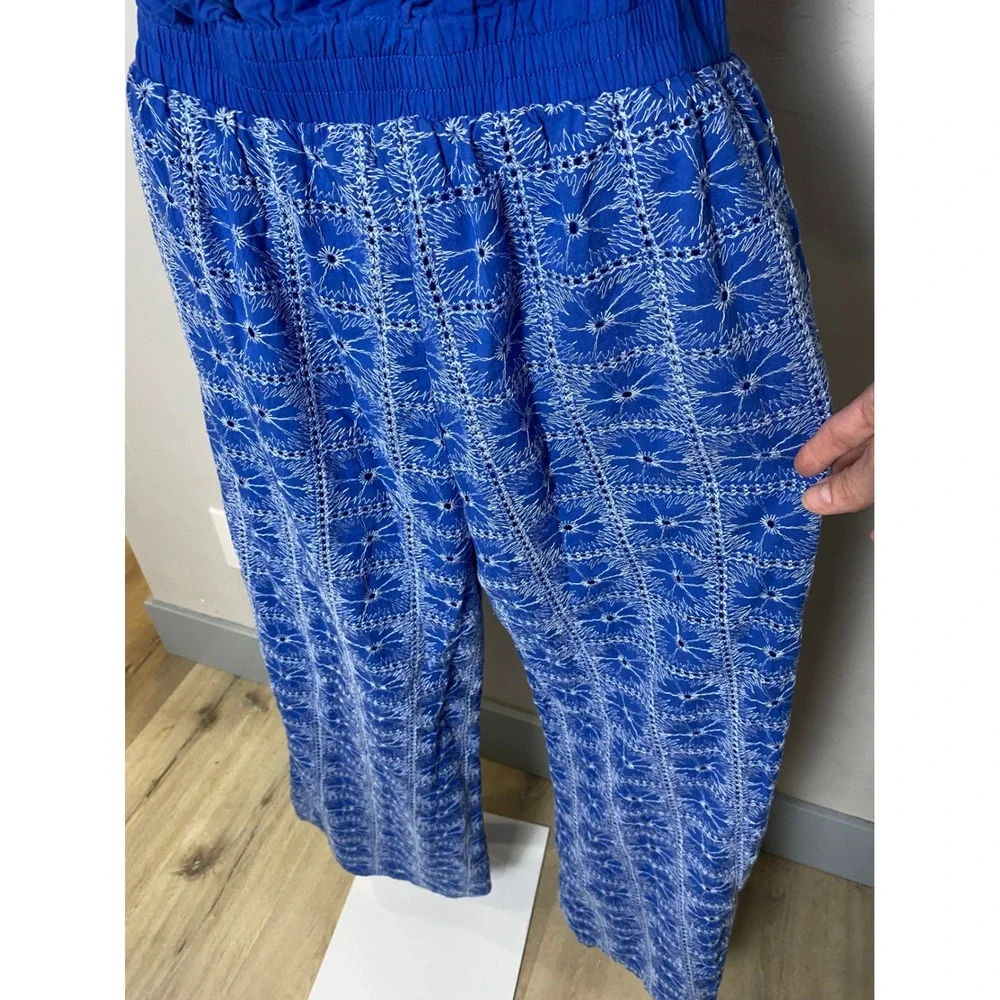 Solitaire Blue Eyelet Embroidered 2 Piece Crop Top Wide Leg Pants Boho Resort